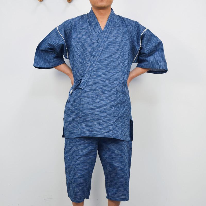 カジ シンプル ブルー セットアップ 上下 パジャマ ホームウェア 浴衣 着物 快適 ガーゼ 綿 半ズボン 半袖 メンズ 春夏 和装 男