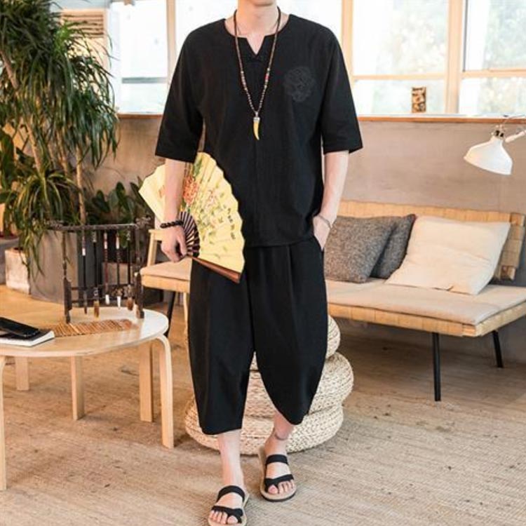 セット 大きいサイズ おしゃれ しじら織り 刺繍 夏 着物 男性用 パンツ 半袖 2点セット メンズ 甚平 上下セット セットアップ