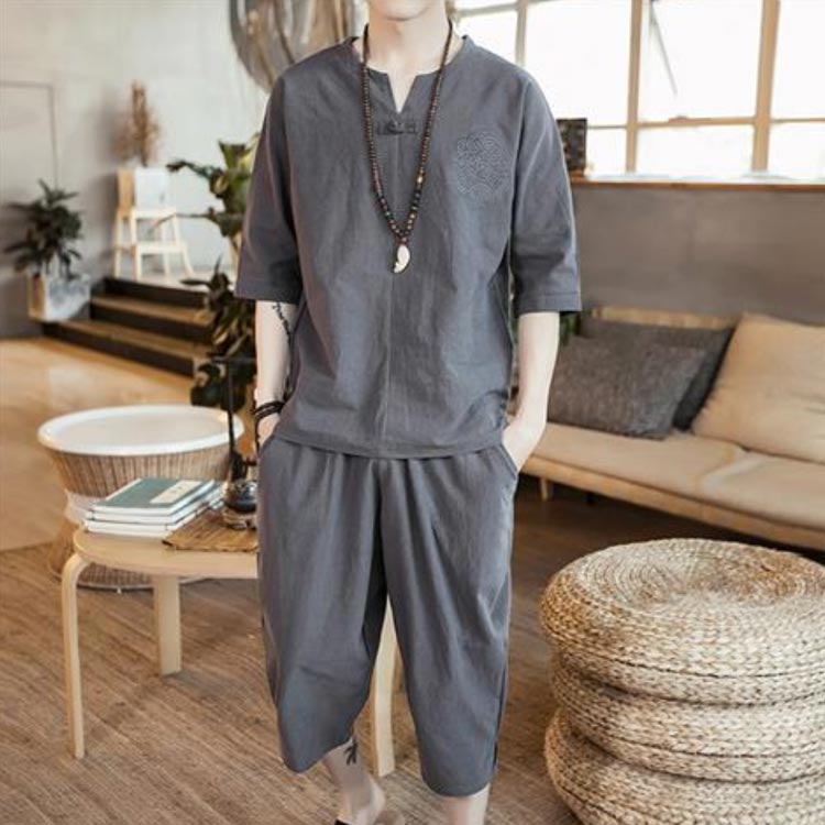 セット 大きいサイズ おしゃれ しじら織り 刺繍 夏 着物 男性用 パンツ 半袖 2点セット メンズ 甚平 上下セット セットアップ