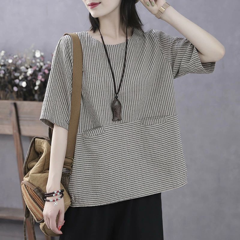 薄手 レトロ カジュアル おしゃれ 体型カバー ゆったり ボーダー柄 ポッケト付き クルーネック 夏 五分袖 半袖 トップス Tシャツ