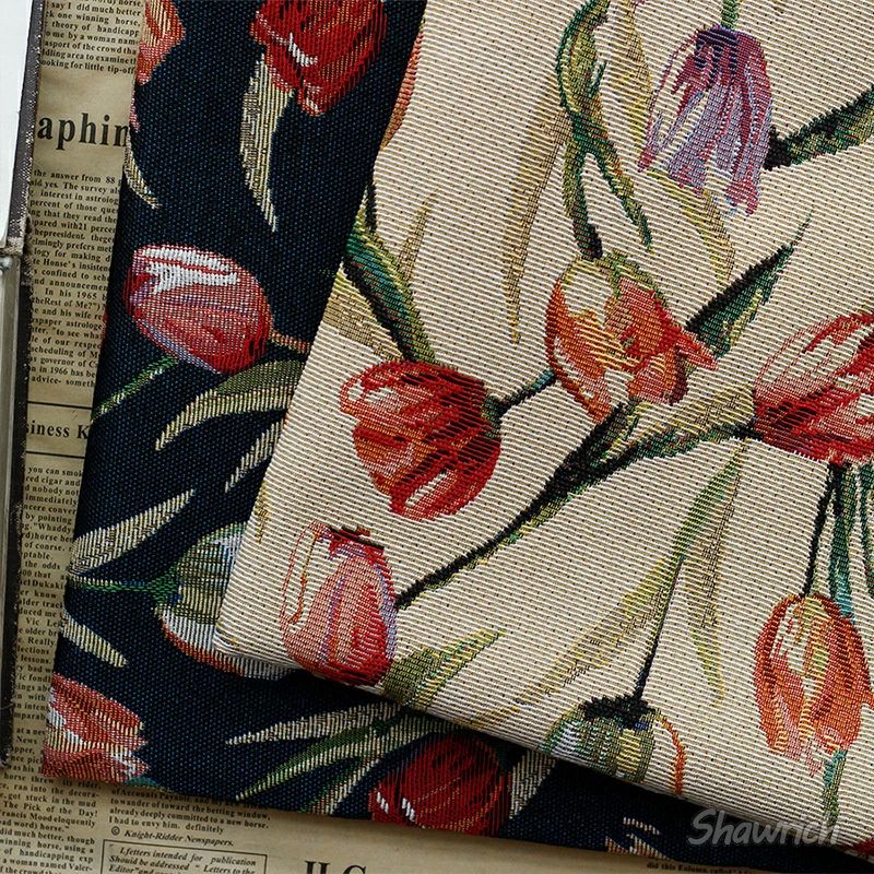 楽天海外通販 厚手 油絵風 レトロ 布地 ジャカード チューリップ 花柄 植物柄 布 生地 90cm単位 145cm幅