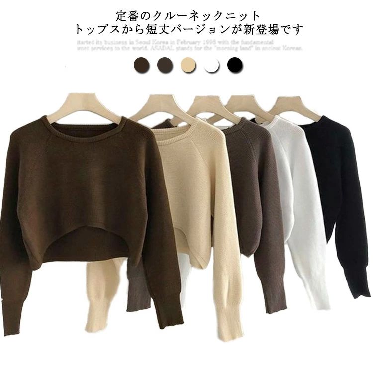 Crew Neck - ウール クルーネック セーター ショートニット 長袖 レディース クロップド丈 ショートニット ニットプルオーバー プルオーバー