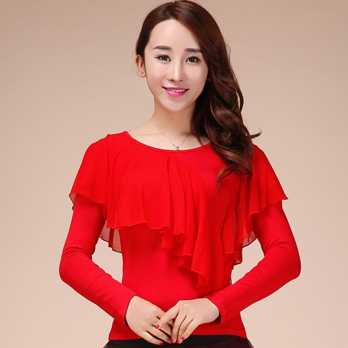 無地 コーラス衣装 練習着 衣装 社交ダンス ダンスウェア モダン ラテン レッスンウェア レッスン着 長袖 胸元フリル トップス