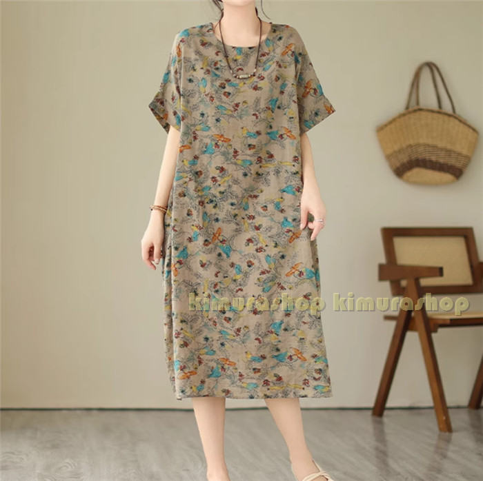 プリン シニアワンピース 大きいサイズ 夏個性的 オールインワン 体型カバー 和柄ロングワンピース 紺..