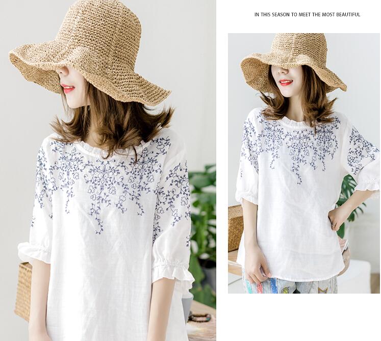 着心地良い 着痩せ バルーン袖 プルオーバー 五分袖刺繍 白リネン ブラウス レディースチュニック 女性カットソー 女子トップス