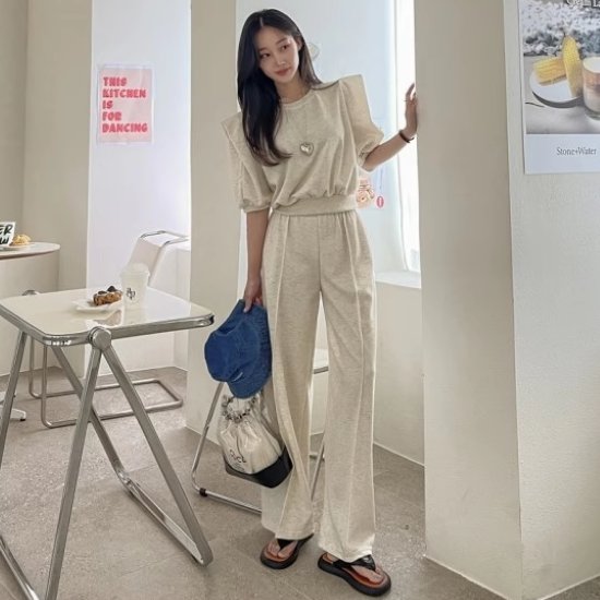 ワ 長ズボン ボトムス パワーショルダー ラウンドネック トップス 半袖 スウェット ツーピース 2点セット 上下セット レディース