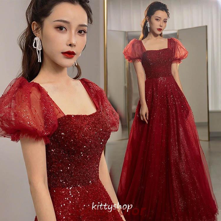 演 30代 20代 パフスリーブ ワインレッド イブニングドレス ロングドレス キレイめ キラキ スパンコール ワイン赤 二次会ドレス