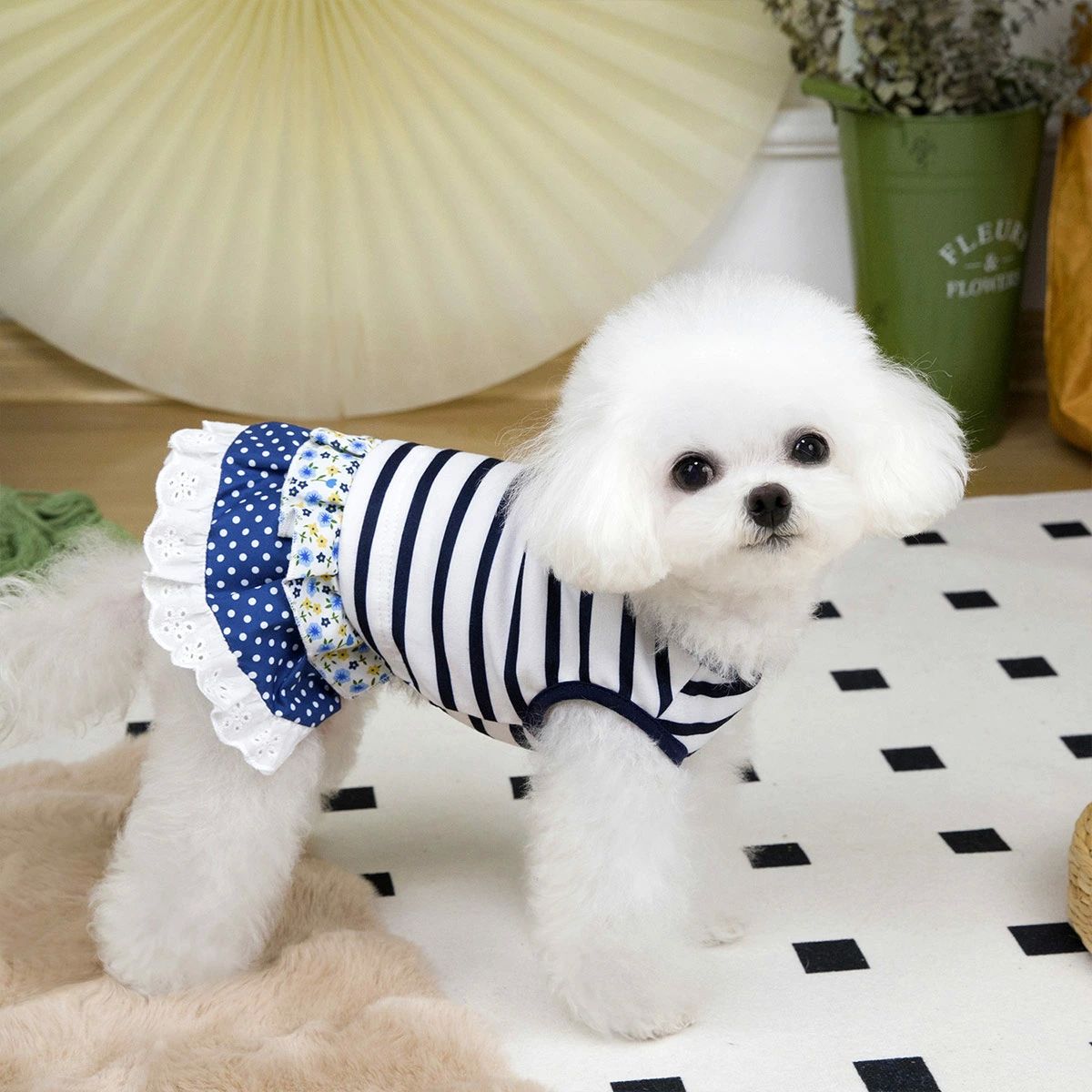 ス キャットウェア 綿製 可愛い キャミソール ボーダー柄 女の子 お揃い 韓国風 Dカン付き 小型犬 夏 春 袖なし ワンピース 夏服