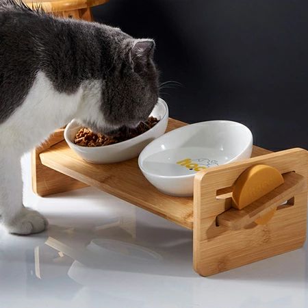 フードボウル 食器 猫 天然竹 陶器 食器台 猫 犬 正規品?高級