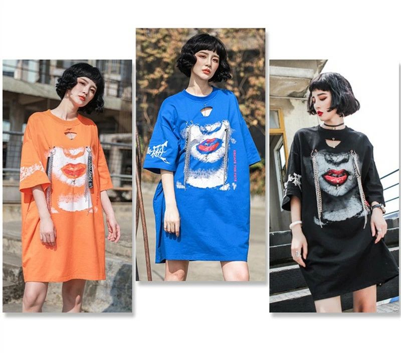 樂天商城 - ロングT　オーバーサイズTシャツ ロング丈Tシャツ ゆったり　黒 ヒップホップ　半袖　夏　個性　オリジナル　 着痩せ　 レディ