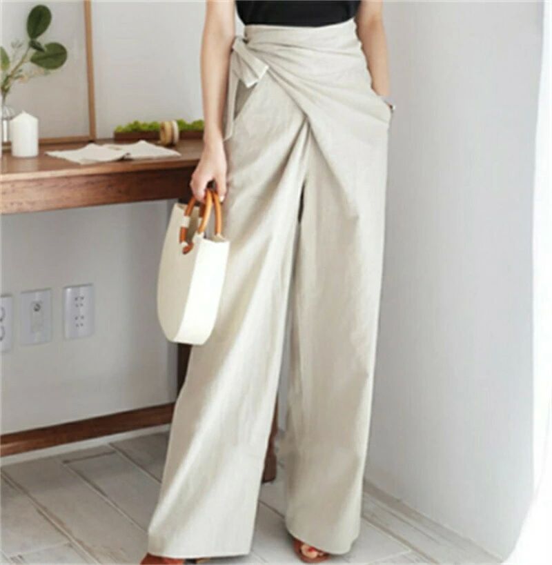上 ゆったり カジュアル 韓国風 OL 通勤 綿麻ガウチョパンツ 綿麻ズボン ロング丈ズボン ボトムス 40代 春夏 ズボン レディースのサムネイル