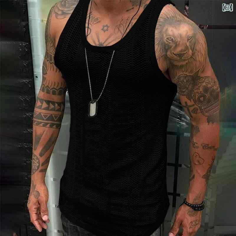 アウトドア アクティブ ジム カジュアル 通気性 メッシュ トップス スポーティー ニット ノースリーブ セクシー 夏 メンズ