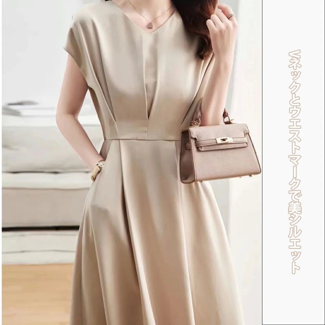 涼 大人可愛い カジュアル きれいめ 通勤 ゆったり 体型カバー 着痩せ ウエストマーク 無地 Vネック 半袖 Aライン 夏 ワンピース