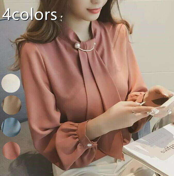 スカー フロントタック 7分袖 長袖 シフォンシャツ 白 レディース スキッパー ボウタイブラウス リボンタイシャツ スカーフタイ