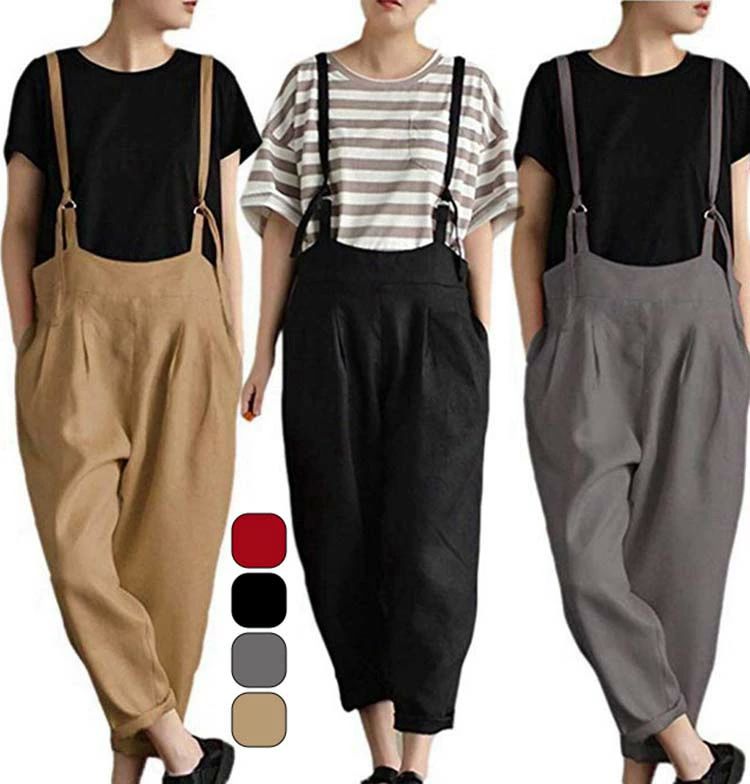 ガ 大きいサイズ ゆったり 4色選べる 体型カバー 着痩せ ロング丈パンツ 綿麻 レディース パンツ 夏 サロペット オールインワン
