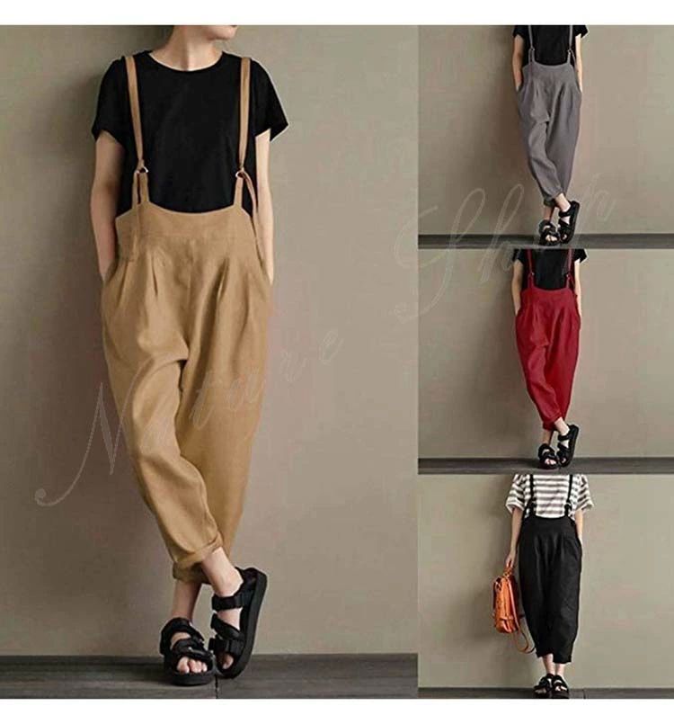 ガ 大きいサイズ ゆったり 4色選べる 体型カバー 着痩せ ロング丈パンツ 綿麻 レディース パンツ 夏 サロペット オールインワン
