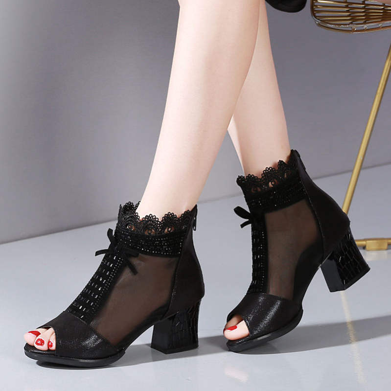 バ ハイカット 疲れない 小さいサイズ 大きいサイズ オープントゥ ブーツサンダル 通勤 歩きやすい 黒 7cm 太ヒール レディース