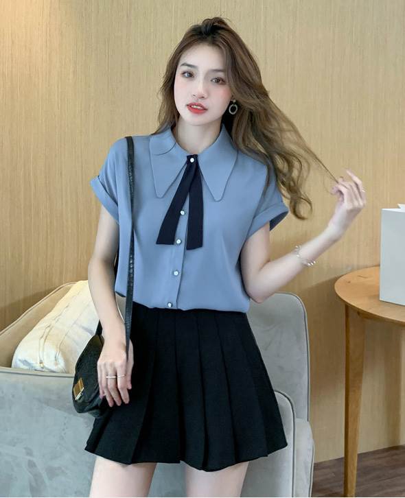 レギュラ ストレート 襟付き ラウンドネック 半袖 袖あり ショート丈 上着 カーディガン ブラウス トップス ネクタイ ハイエンド