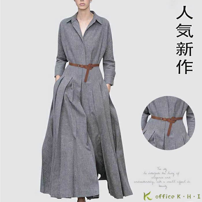 ロング 秋ワンピース プリーツワンピース きれいめワンピース Aラインワンピース 長袖ワンピース シャツワンピース 春ワンピース