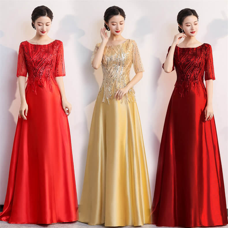 スパン ロング丈 マキシ丈 レッド ワンピース Aライン 半袖 夏 レディース ワンピース イブニングドレス ドレス 高級品 シルク風