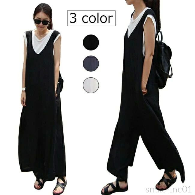 秋 夏 春 オールインワン ゆったり ノースリーブ Vネック 無地 9分丈 マキシ丈 ワイドパンツ おしゃれ 春 レディース