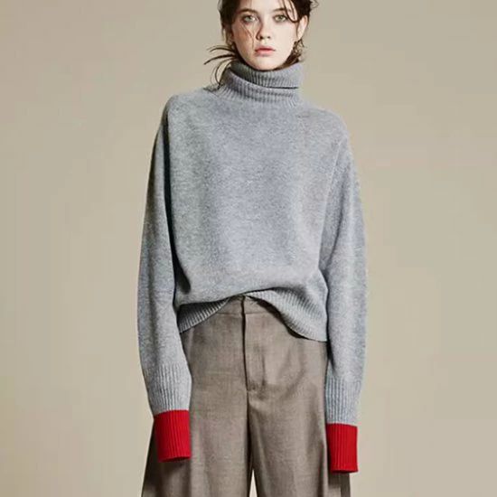 Turtleneck - お カジュアル 無地 シンプル 配色デザイン バイカラー 暖かい 秋冬 タートルネック 長袖 ニット セーター トップス レディース