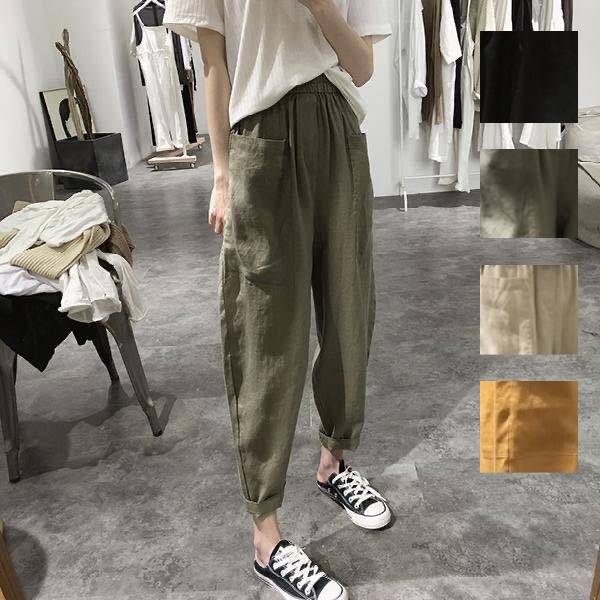 ゆ リラックス 涼しい 薄 無地 夏 春 体型カバー ロング リネン 綿麻 ボトムス レディース リネンパンツ ハーレムパンツ パンツ