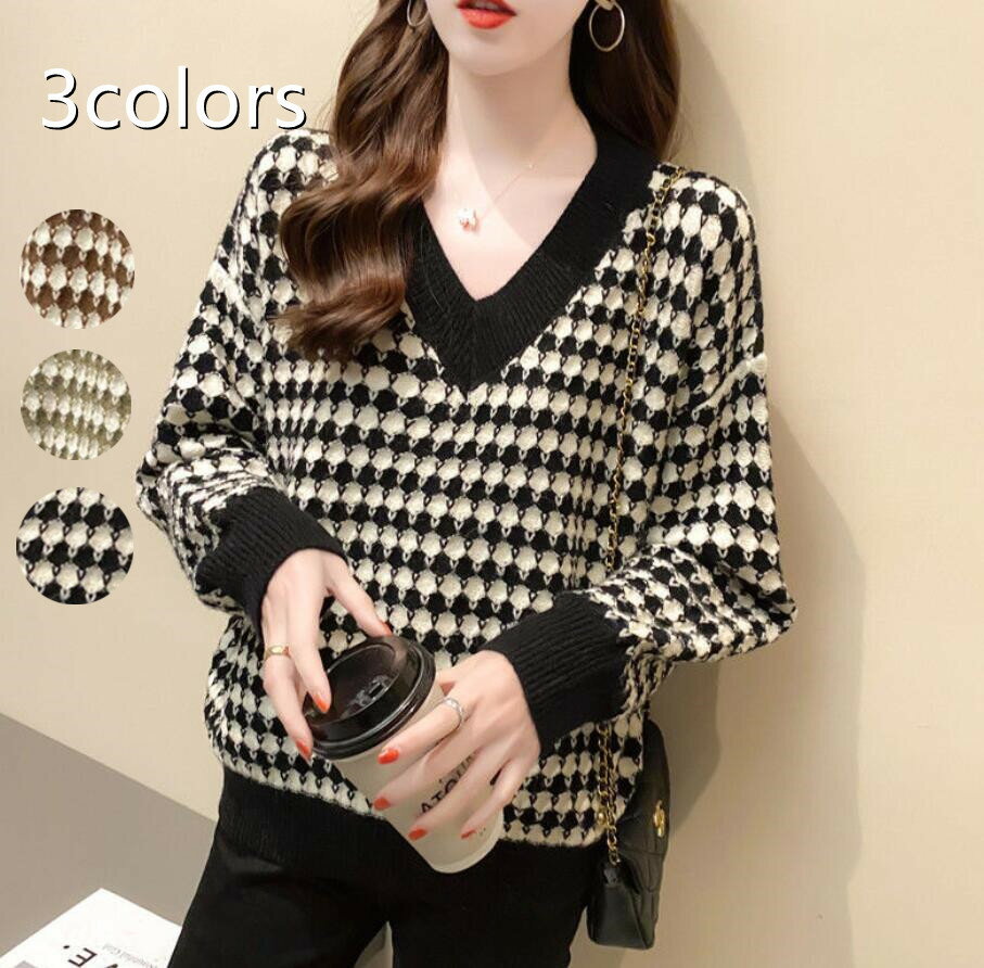 秋 冬 春 黒 カジュアル ゆったり 大きいサイズ 保温 ワッフル編み ドット リブ Vネック 長袖 セーター トップス レディース