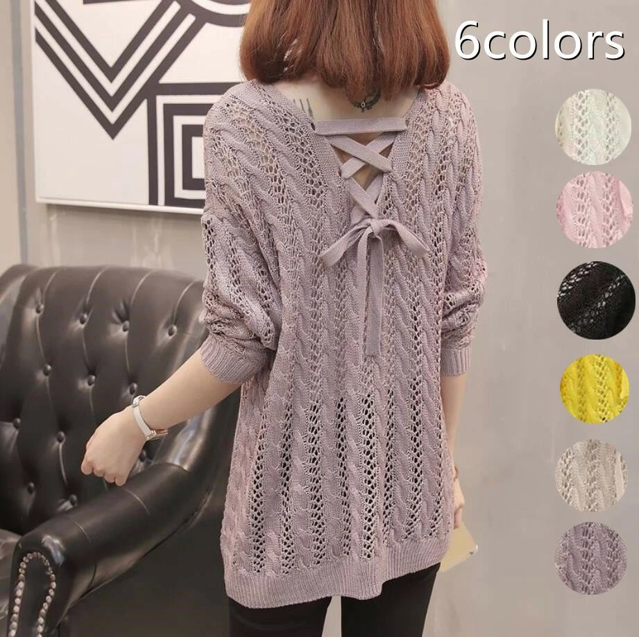 秋 冬 春 黒 カジュアル ゆったり 大きいサイズ 保温 背中リボン 無地 Vネック 長袖 セーター トップス レディース