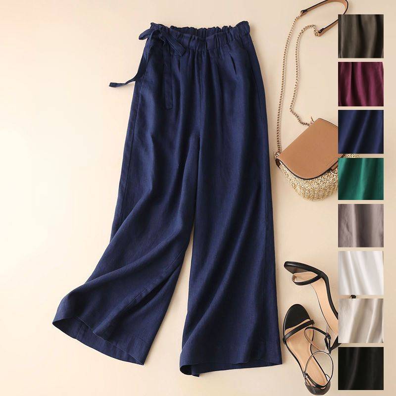 無地 夏 春 体型カバー ガウチョパンツ スカーチョ 9分丈 リネン 綿麻 ボトムス レディース リネンパンツ ワイドパンツ パンツ