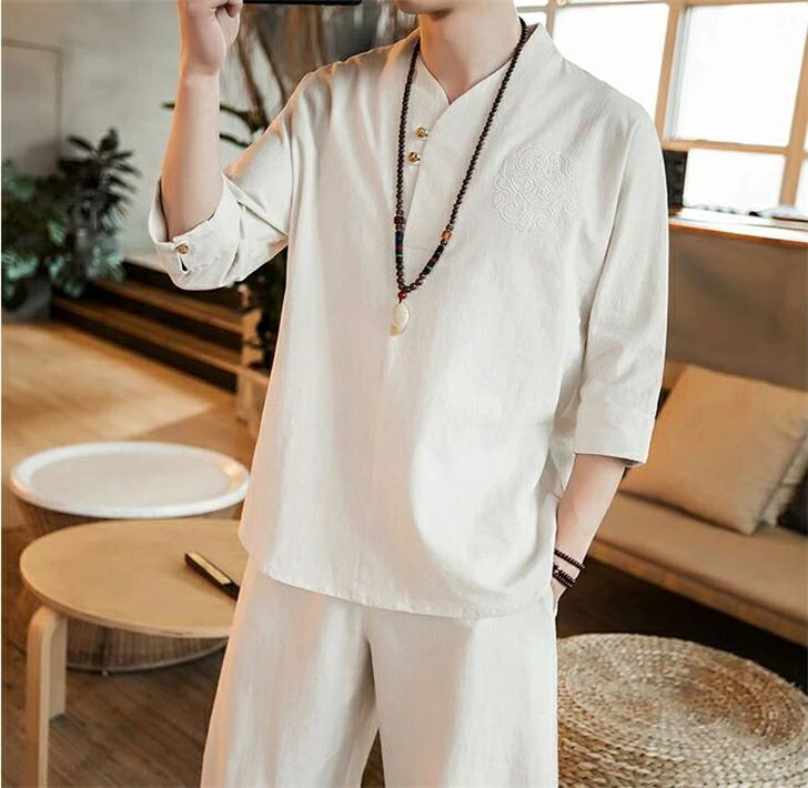 部屋着 スポーツウェア スリム ロングパンツ tシャツ 上下セット 2点セット 綿麻 七分袖 半袖 メンズ