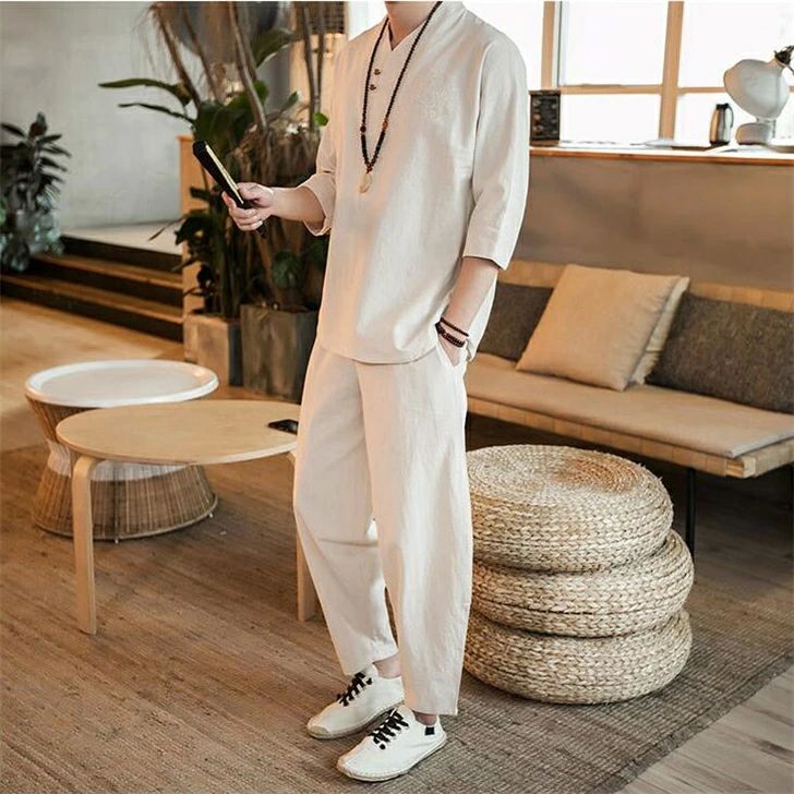 部屋着 スポーツウェア スリム ロングパンツ tシャツ 上下セット 2点セット 綿麻 七分袖 半袖 メンズ