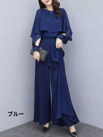 MICKEY楽天市場店のパンツスー エレガント ワイドパンツ ボリューム袖 ケープ プルオーバー ブラウス シフォン 上下セット パンツドレス レディース｜アングル2