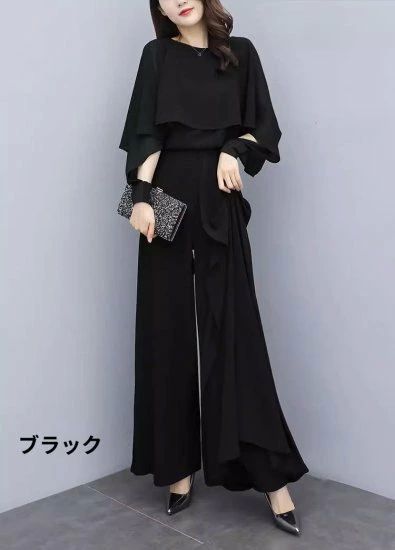 MICKEY楽天市場店のパンツスー エレガント ワイドパンツ ボリューム袖 ケープ プルオーバー ブラウス シフォン 上下セット パンツドレス レディース｜アングル3
