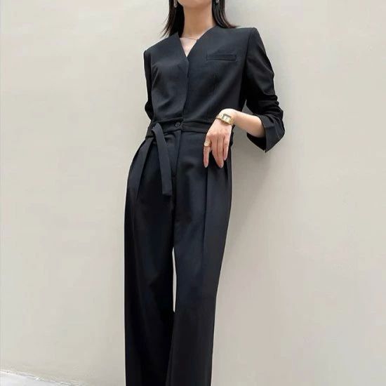 パ オフィス きれいめ マニッシュ 無地 シンプル ロング タック ワイドパンツ 長袖 ノーカラー Vネック パンツドレス レディース