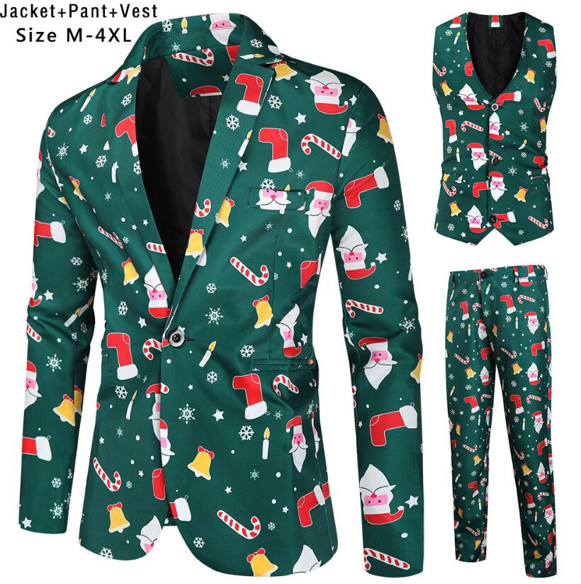 Christmasコスプレステージ演 タキシードジャケット2点/3点セット ロング丈パンツ ジレベスト 新品 クリスマス元素プリント
