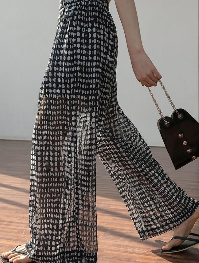 ボト レディース ロング 秋 夏 春 体型カバー フレアパンツ ガウチョパンツ バギーパンツ スカーチョ 水玉 ドット ワイドパンツ