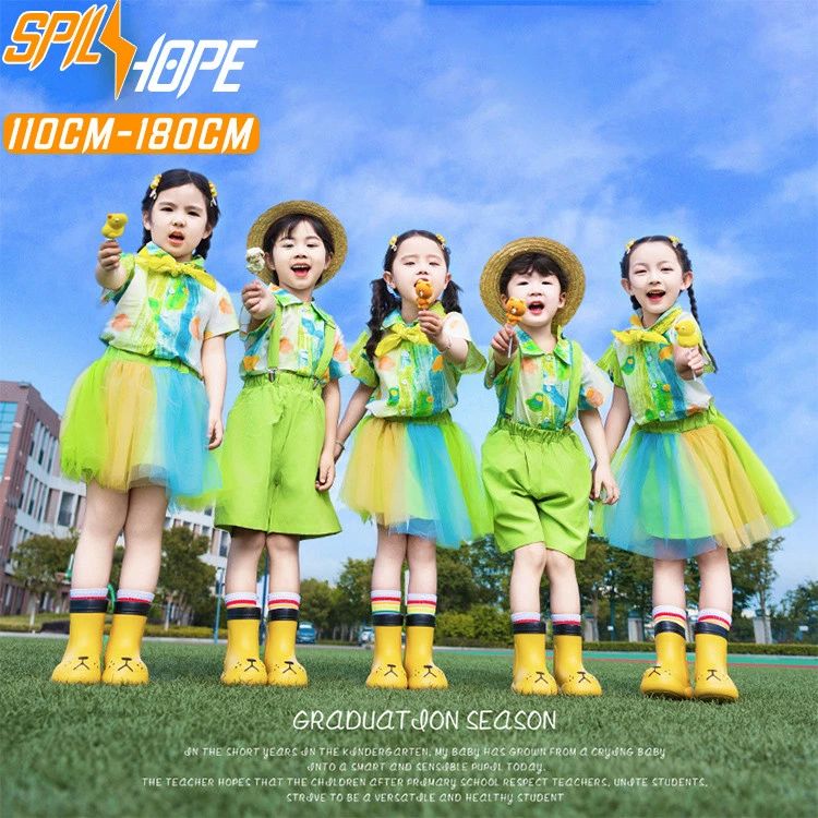 スカー パンツ トップス セットアップ チアガール チア 子ども 子供 男の子 女の子 ダンス衣装 キッズ 半袖 サロペット グリーン