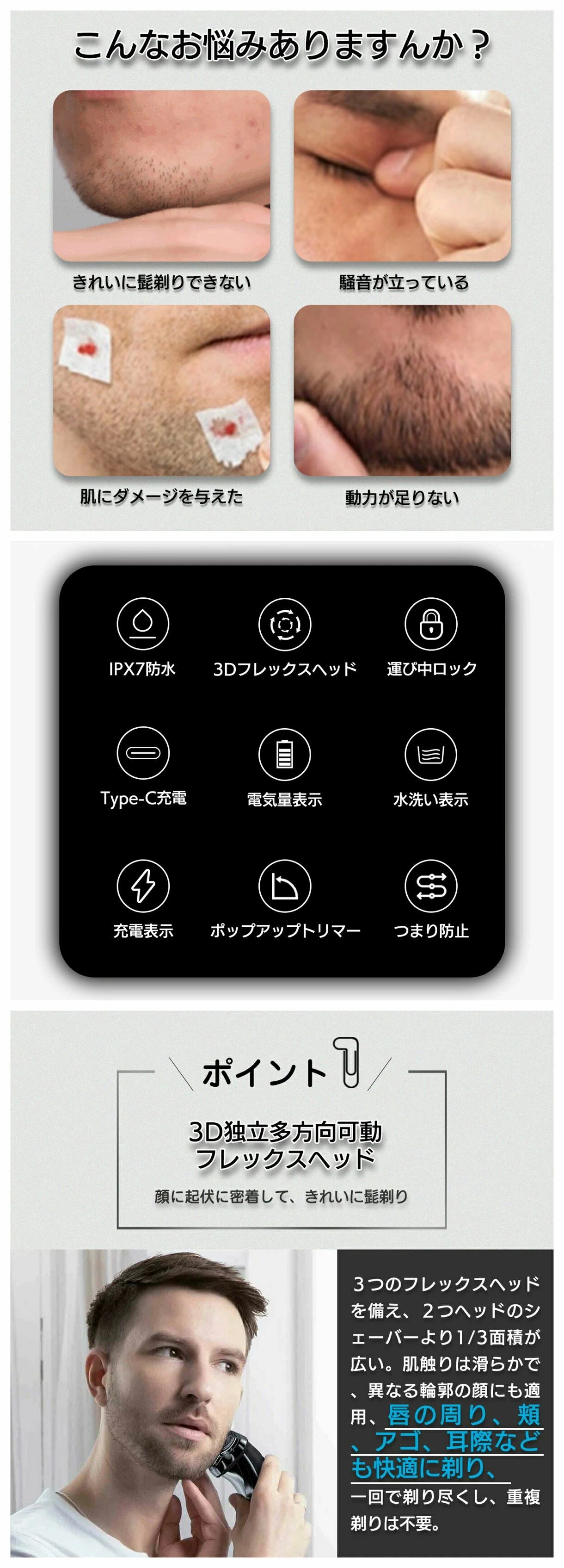 USB 三枚刃回転式 徹底的に深剃り肌にやさしいメンズシェーバー 男性 三ヶ月充電不要 メンズ 電気シェーバー 髭剃り 短納期 即納