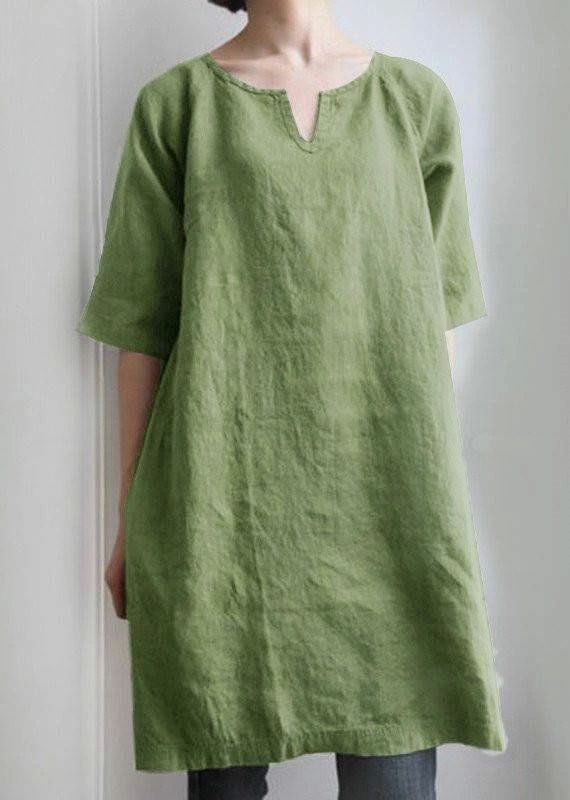 体型カバー 大きいサイズ ドルマン袖 リネン 綿麻混 ロング レディース 5分袖 無地 vネック ロングシャツ ワンピース チュニック