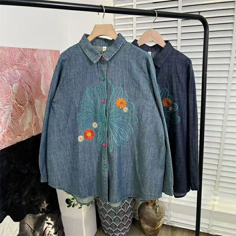 春 トップス チュニック 長袖ブラウス 長袖トップス デニム 花柄 レディース デニムシャツ シャツブラウス ブラウス シャツ 刺繍 3