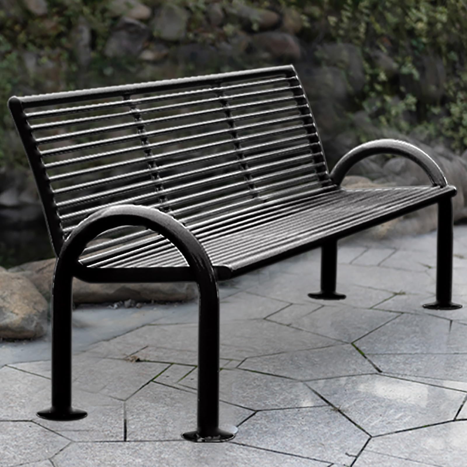 Benches - 屋外ガーデンベンチ パティオパークベンチ 3人用パティオベンチ 880ポンド 鋳鉄スチールフレーム 屋外ベンチ 背もたれとアームレ