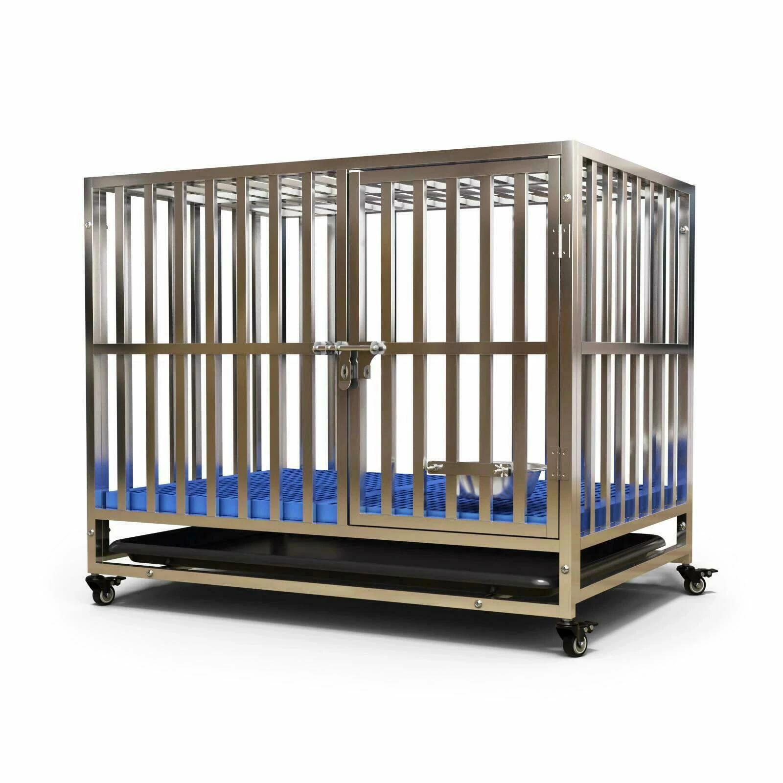 ペットケージ ステンレス 長方形 ダブルドア トレー マット 給餌器付き 脱走防止 犬小屋 犬用ケージ 組立簡単 頑丈 ペット用品