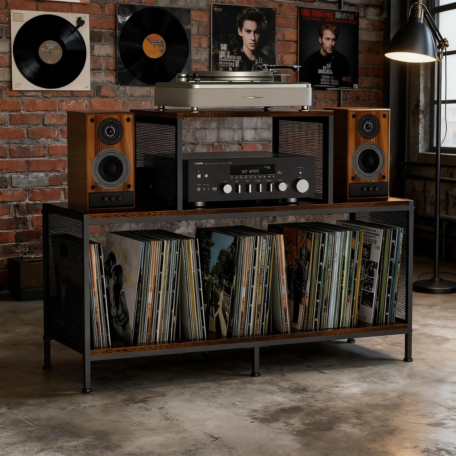 Md Racks - レコードラック 3段 レコードプレーヤー スタンド 木製 レコード300枚収納可能 メッシュサイド 調節可能仕切り付き レコードプレ
