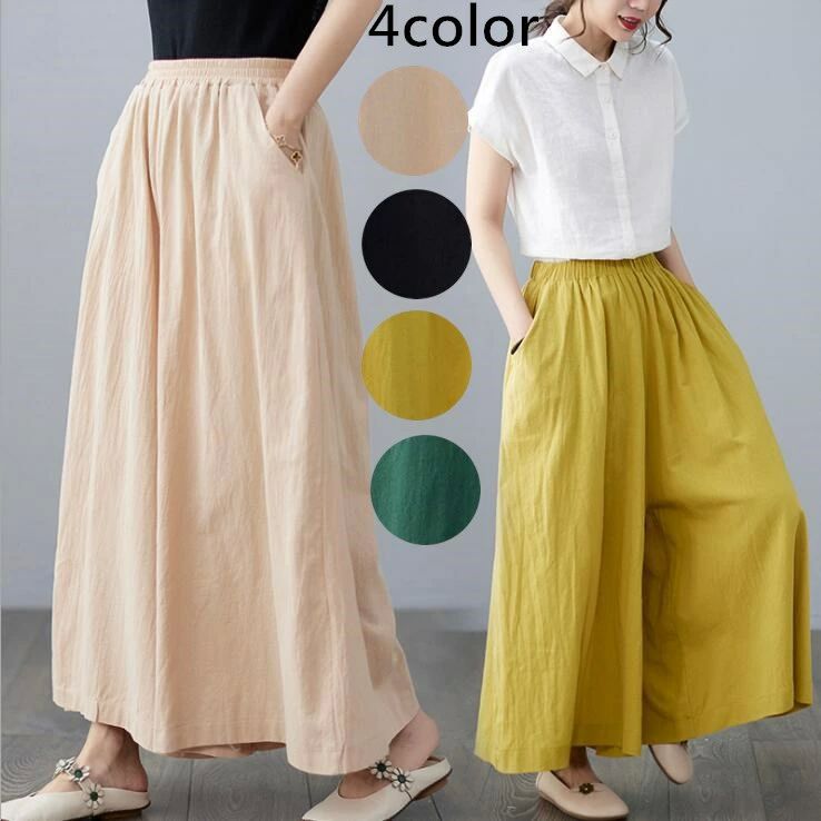 涼しい サルエルパンツ 体型カバー ズボン 体型カバー ガウチョパンツ スカーチョ イージーパンツ 夏 レディース リネンパンツ