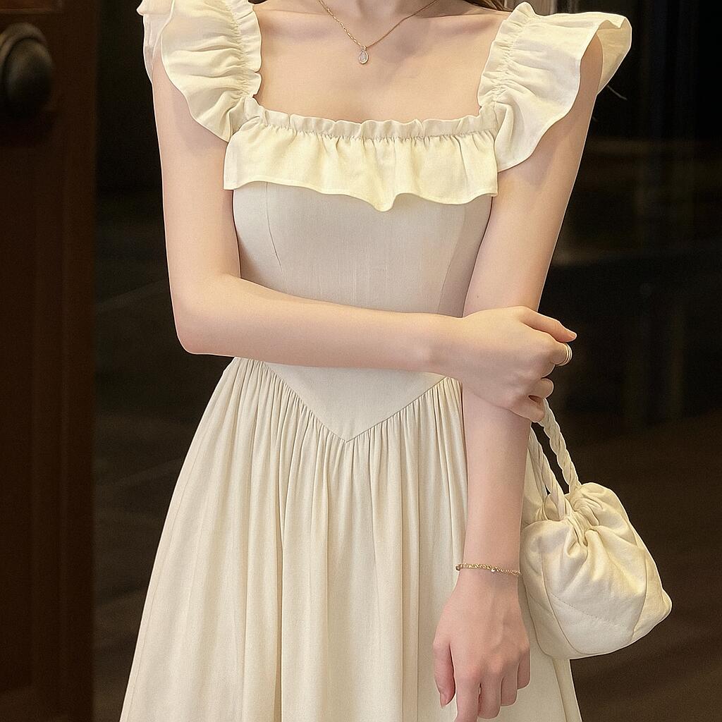 シンプル 無地 スリムシルエット ハイウエスト ドレープ フリル フレア スクエアネック ノースリーブ 夏ワンピ ロングワンピース(4)