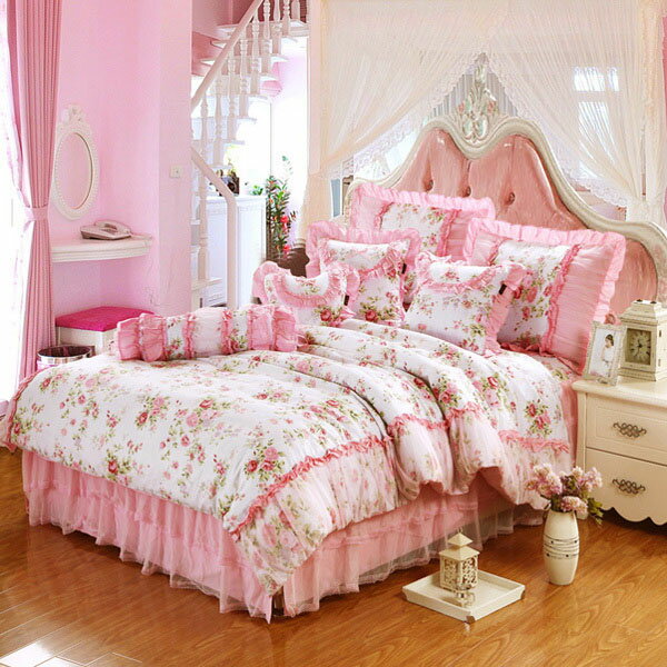 ベ フリルレース 女子天然素材コットン ベッドカバー チュールレースカバーリング 4点セット★送料無料★..