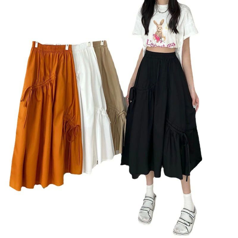 おしゃ 無地 秋 春 韓国風 Aライン フレアスカート ハイウエスト かわいい 美脚 おしゃれ ロングスカート フリル リボン 不規則