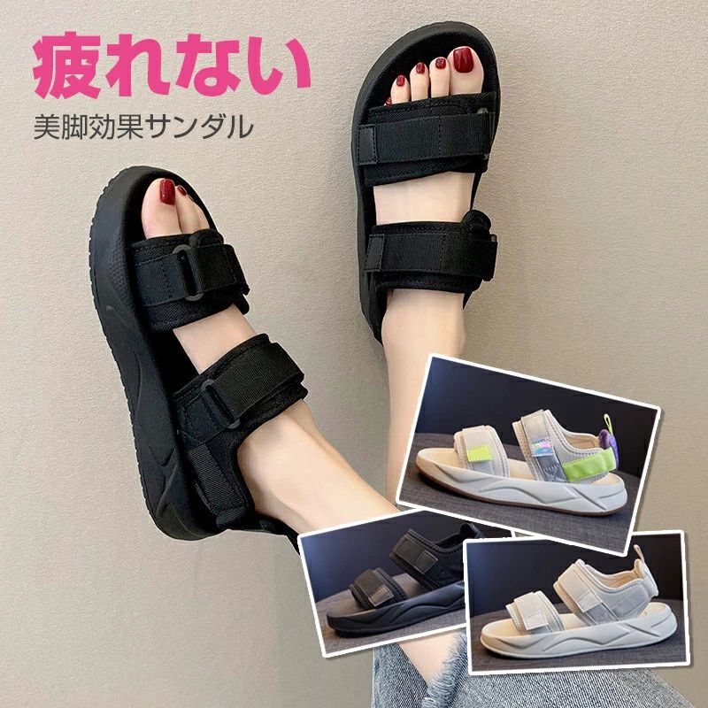 痛くな 軽量 おしゃれ ブラック マジックテープ ストラップ ぺったんこ 夏 黒 歩きやすい ぺたんこ ス..