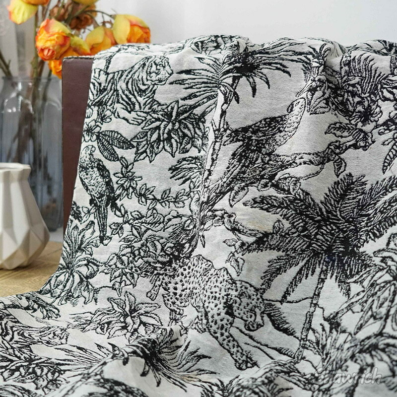楽天海外通販 黒 白 油絵風 レトロ 布地 ジャカード 植物柄 ジャングル風 布 生地 90cm単位 145cm幅
